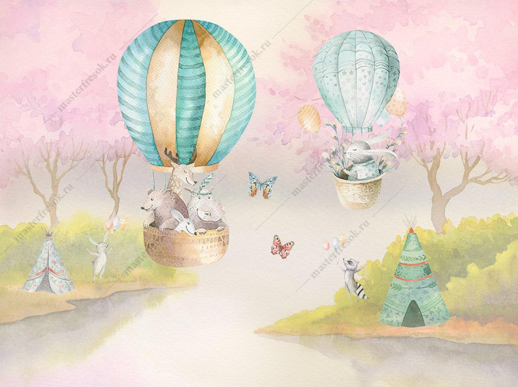 Фотообои Акварельный лес с животными на воздушных шарах